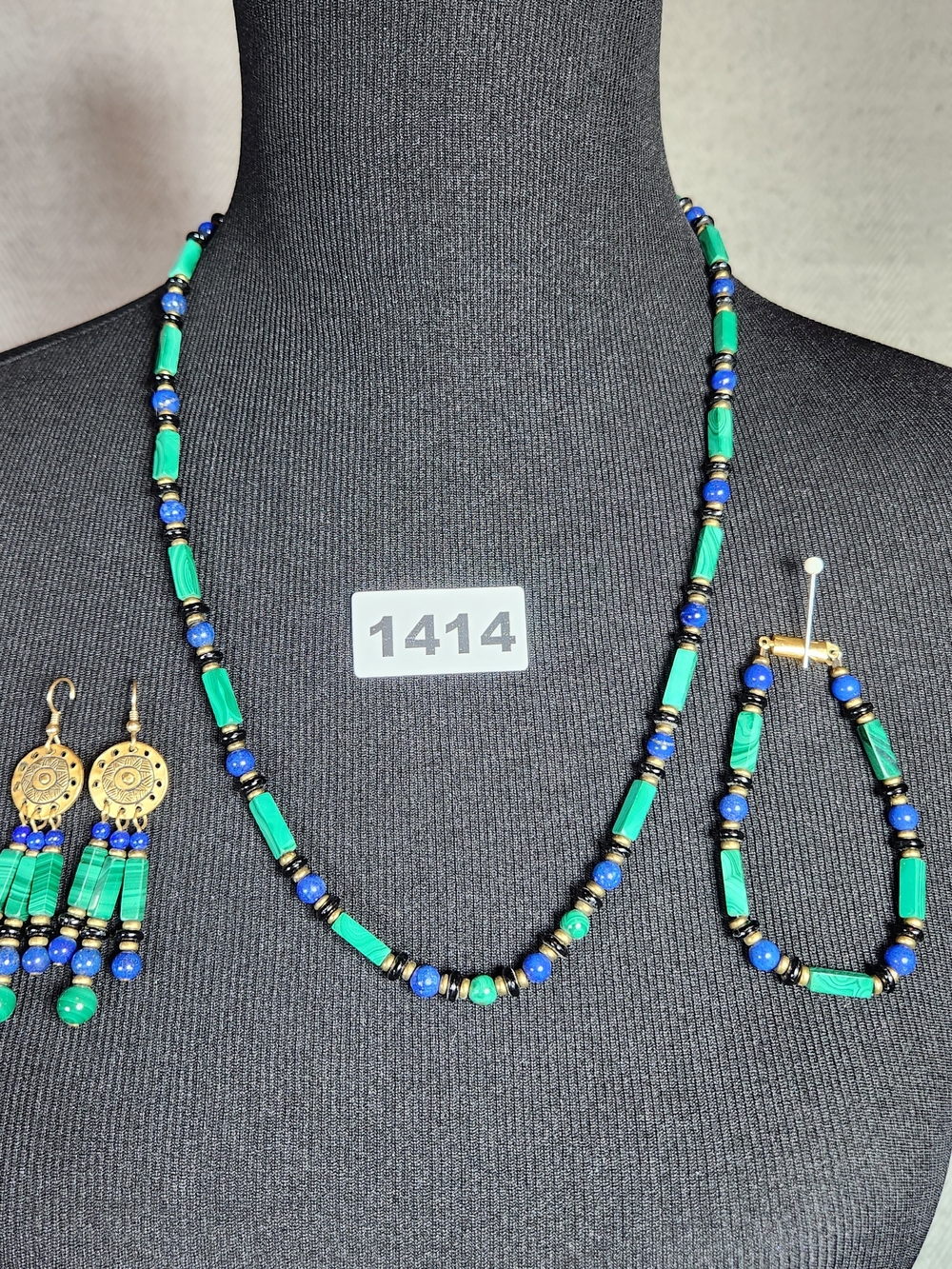Stone Beads 24" Necklace, Bracelet And Earrings Set Teal Green, Blue Gold Tone